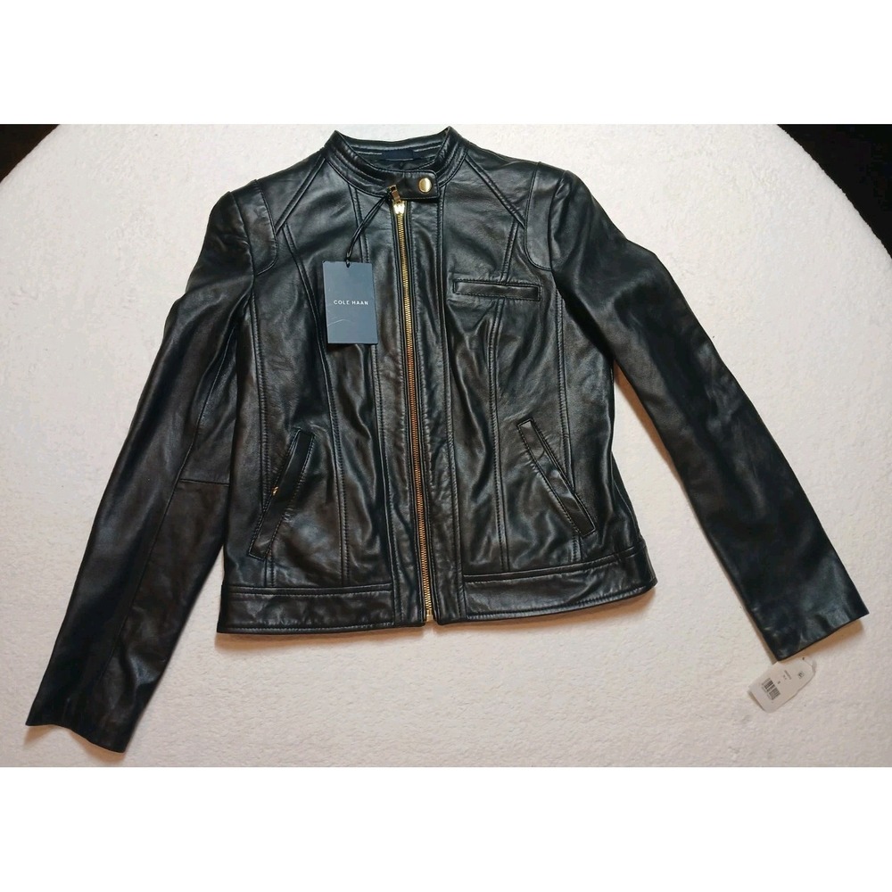 NEW COLE HAAN WOMEN'S 100% LAMB LEATHER BLACK MOTO JACKET SIZE S - Picture 1 of 10